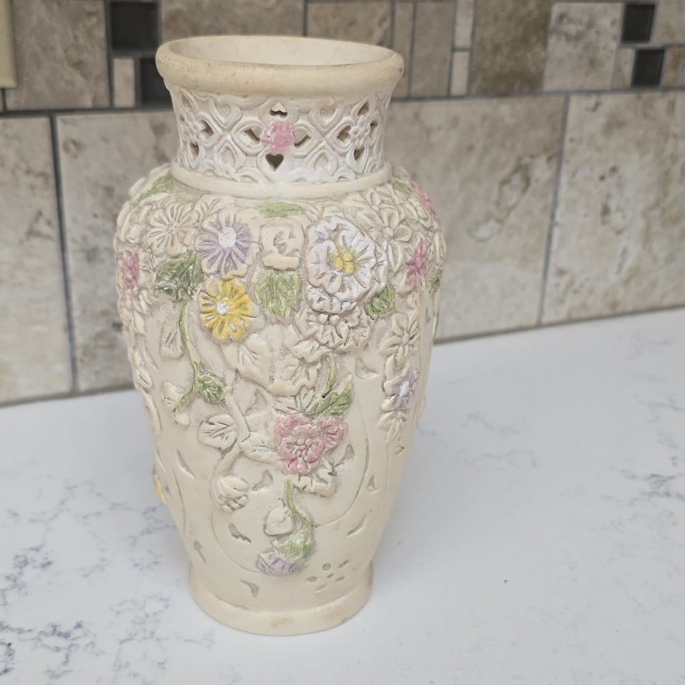 Vtg. Beautiful 8" Ceramic/Bisque Vase Relief Flowers Cut Out Design Kay's Coll.